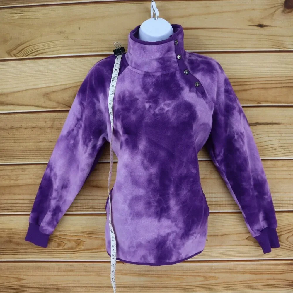 Green Tea High Neck Jacket‎ Womens Size S Purple Tie-Dye Fleece Pockets Buttons